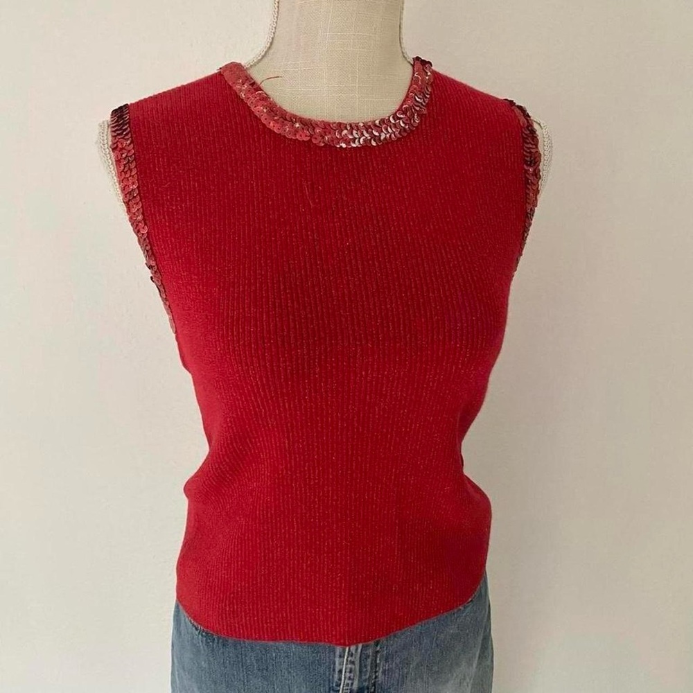 Sleeveless Red Sequin Trim Knit Top